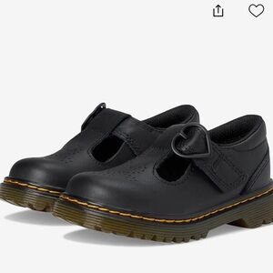 Dr. Martens Kids Black Leather T‑Strap Shoes with Heart Buckle